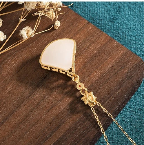Gold Plated Fan Shape Imitation Hetian Jade Necklace Vintage Style Gift 07FC0E-D4 - KOEEK