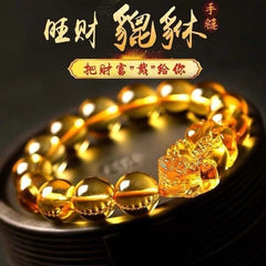 12mm Natural Yellow Citrine Pixiu Bracelet Wealth Charm Feng Shui 07FC0E-D4 - KOEEK