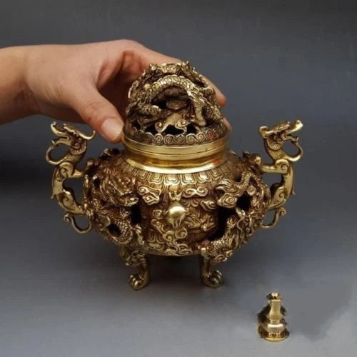7" Chinese Brass Gilt 9 Dragon Incense Burner Censer Incensory Burner Statue 07FC0E-D4 - KOEEK