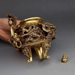 7" Chinese Brass Gilt 9 Dragon Incense Burner Censer Incensory Burner Statue 07FC0E-D4 - KOEEK