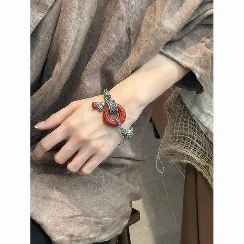 Vintage Chinese Jade Bracelet Retro Silver Tassel Beaded Bracelet for Women Gift 07FC0E-D4 - KOEEK