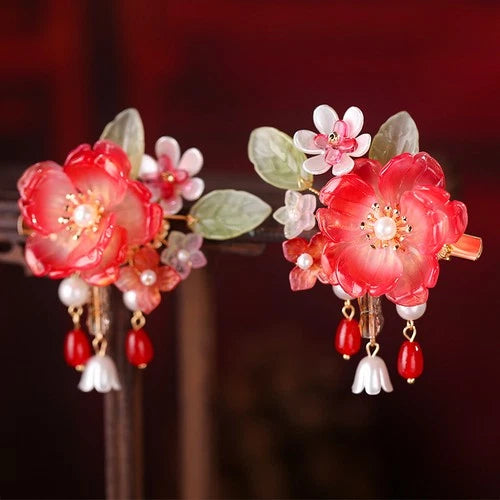 Glass Flower Hair Clip Chinese Style Hanfu Hair Accessory Women Barrette 2pc 07FC0E-D4 - KOEEK