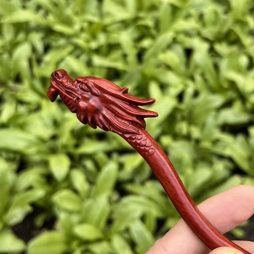 Rosewood Carved Dragon Phoenix Hair Stick Chinese Style Handmade Hairpin 2pc 07FC0E-D4 - KOEEK
