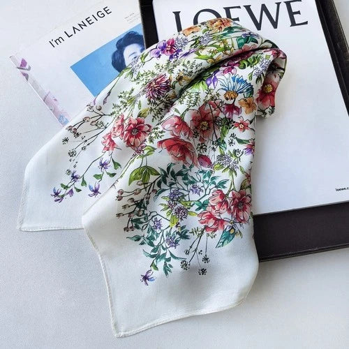Pure Silk Square Scarf Women Neckerchief Wrap Kerchief Black White Flowers 07FC0E-D4 - KOEEK