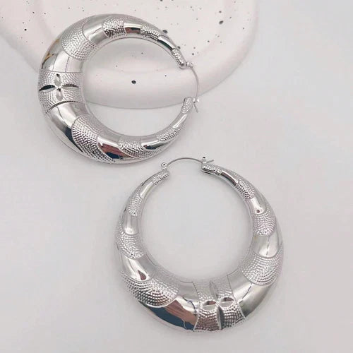 Crescent Bamboo Hoop Earrings Set Women Jewelry Textured Large Design 2 Pairs 07FC0E-D4 - KOEEK