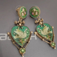 Vintage Peace Dove Earrings Heart Green Enamel Unique Retro Dangle Drops 07FC0E-D4 - KOEEK
