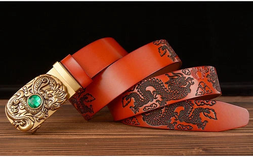 Automatic Buckle Men's Belt  Dragon Designer Leather Belt Gold Buckle Belt 07FC0E-D4 - KOEEK