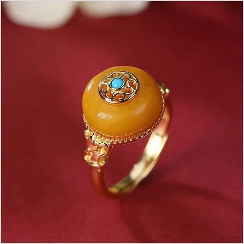 Yellow Glass Pi Xiu Ring Vintage Adjustable Wealth Ring for Women 07FC0E-D4 - KOEEK