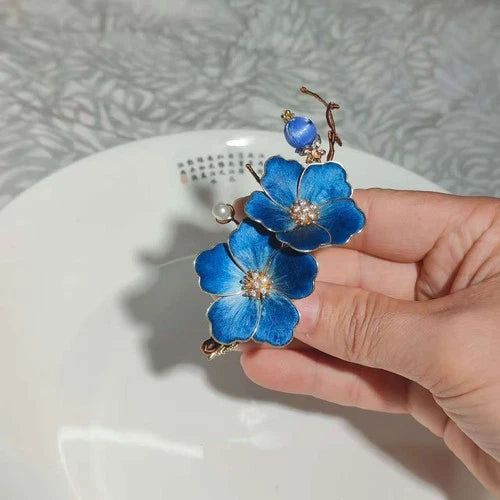 Velvet Flower Hairpin Chinese Style Hanfu Headpiece Blue Floral Hair Accessory 07FC0E-D4 - KOEEK