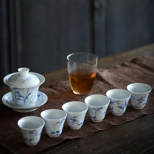 3PC Jingdezhen Hand Painted Bamboo Ceramic TeaCups White Jade Porcelain Cups 07FC0E-D4 - KOEEK