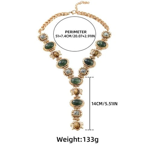 Vintage Court Necklace Green Stone Tiger Eye Pearl Double Layer Choker 07FC0E-D4 - KOEEK