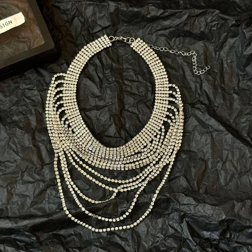 Silver Rhinestone Tassel Layered Choker Necklace Collar Jewelry for Women 07FC0E-D4 - KOEEK