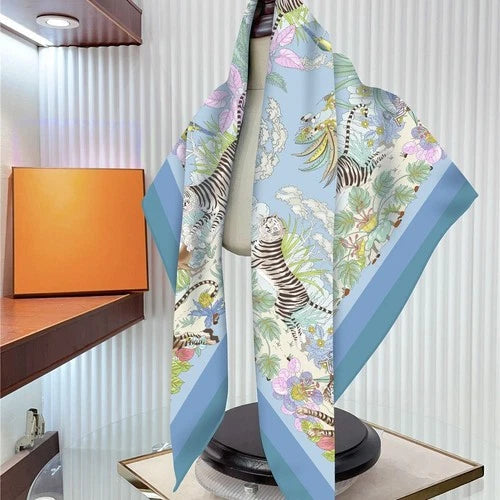 90cm Twill Silk Scarf Floral Bird Print Square Shawl Sun Protection for Women 07FC0E-D4 - KOEEK