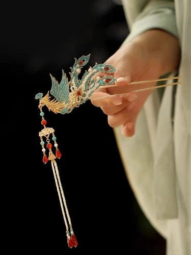 Bridal Phoenix Hairpin Chinese Vintage Cheongsam Hanfu Updo Headdress 2pc 07FC0E-D4 - KOEEK