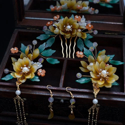 Hanfu Headpiece Set Glass Tassel Hairpin Ancient Style Hair Jewelry 07FC0E-D4 - KOEEK