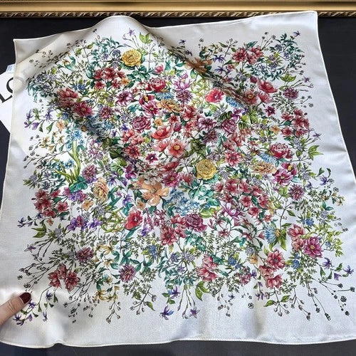 Pure Silk Square Scarf Women Neckerchief Wrap Kerchief Black White Flowers 07FC0E-D4 - KOEEK