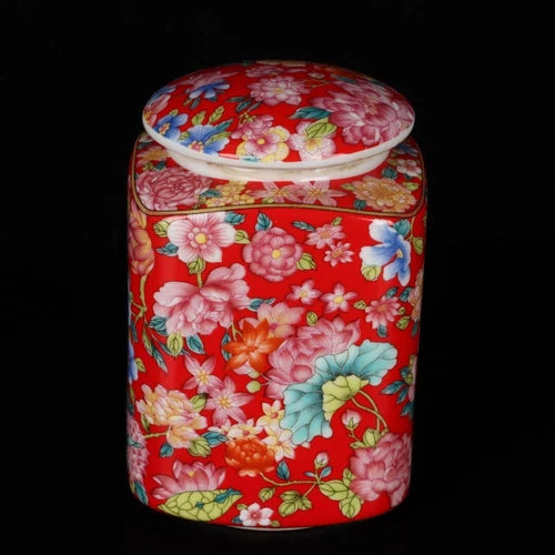 4.3" China Multi-Color Porcelain Red Glaze Ten Thousand Flower Teacaddy Pot 07FC0E-D4 - KOEEK