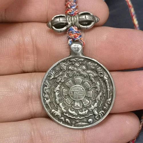 Tibetan White Copper Nine Palaces Tag Mahakala Wealth God Bag Charm with Rope 07FC0E-D4 - KOEEK