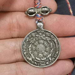 Tibetan White Copper Nine Palaces Tag Mahakala Wealth God Bag Charm with Rope 07FC0E-D4 - KOEEK