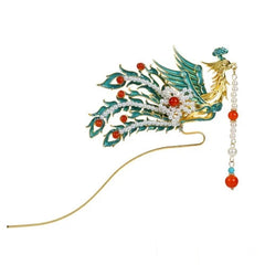 Chinese Hanfu Blue Enamel Phoenix Tassel Hairpin Vintage Style Jewelry 07FC0E-D4 - KOEEK