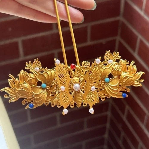 Golden Butterfly Tassel Hairpin Hanfu Headdress Traditional Bridal Hair Jewelry 07FC0E-D4 - KOEEK