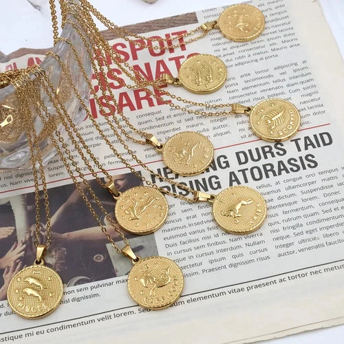 Gold Plated Stainless Steel Constellation Horoscope Zodiac Sign Pendant Necklace 07FC0E-D4 - KOEEK