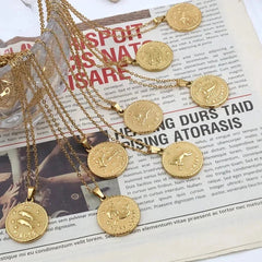 Gold Plated Stainless Steel Constellation Horoscope Zodiac Sign Pendant Necklace 07FC0E-D4 - KOEEK