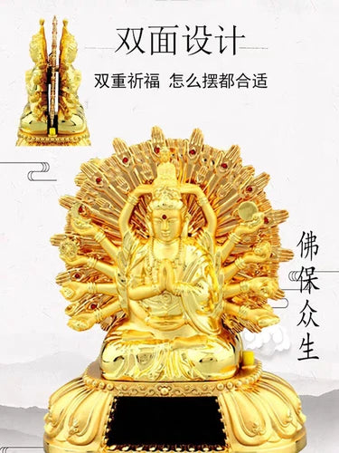 12cm Thousand-Hand Guanyin Alloy Solar Buddha Prayer Car Decor Supplies 07FC0E-D4 - KOEEK