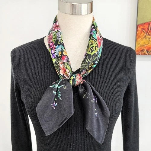 Pure Silk Square Scarf Women Neckerchief Wrap Kerchief Black White Flowers 07FC0E-D4 - KOEEK