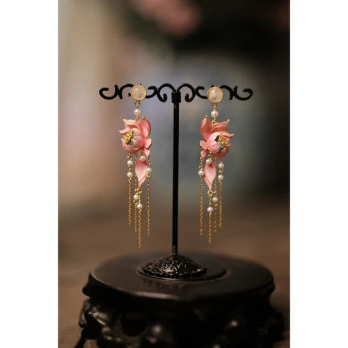 Gold Plated Enamel Lotus Pearl Tassel Earrings Chinese Style Vintage Jewelry 07FC0E-D4 - KOEEK