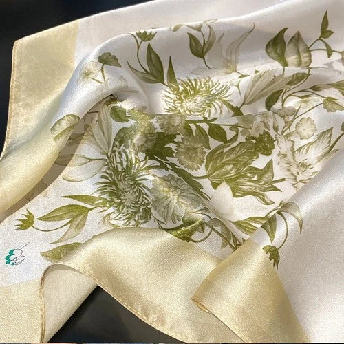 Silk Scarf Bandana Women Yellow Beige Flowers Neckerchief Turban 53*53cm 07FC0E-D4 - KOEEK