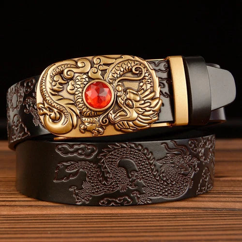 Automatic Buckle Men's Belt  Dragon Designer Leather Belt Gold Buckle Belt 07FC0E-D4 - KOEEK