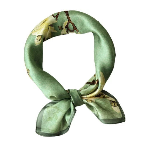 Silk Scarf Women Vintage Green Flowers Kerchief Square Bandana Wrap 68*68cm 07FC0E-D4 - KOEEK