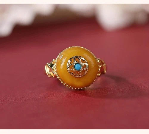 Yellow Glass Pi Xiu Ring Vintage Adjustable Wealth Ring for Women 07FC0E-D4 - KOEEK