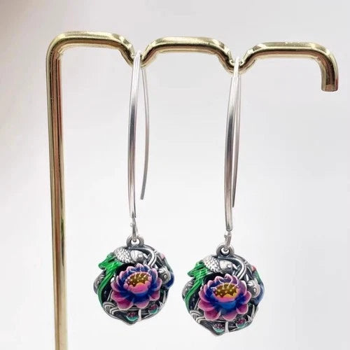 Cloisonne Enamel Lotus Koi Fish Earrings Vintage Ethnic Handmade Dangle Jewelry 07FC0E-D4 - KOEEK