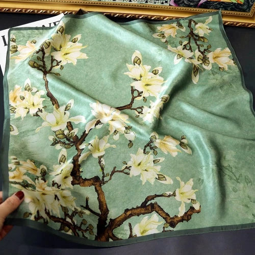 Silk Scarf Women Vintage Green Flowers Kerchief Square Bandana Wrap 68*68cm 07FC0E-D4 - KOEEK