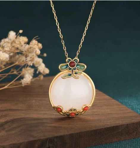 Chinese Style Necklace White Jade Pendant Enamel Cloisonne Necklace 07FC0E-D4 - KOEEK
