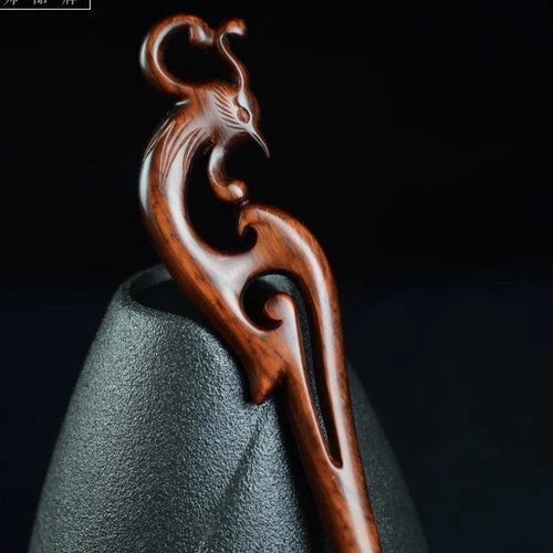 Rosewood Carved Dragon Phoenix Hair Stick Chinese Style Handmade Hairpin 2pc 07FC0E-D4 - KOEEK