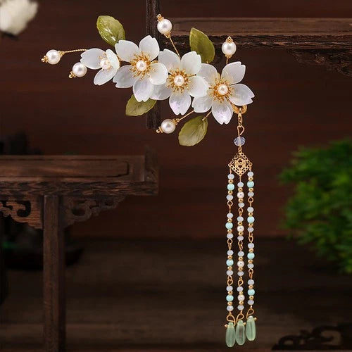 Chinese Style Hanfu Headpiece Floral Tassel Side Hair Clip Glass Petal Accessory 07FC0E-D4 - KOEEK