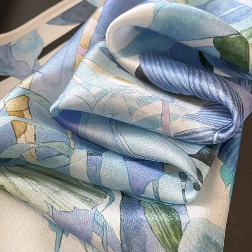 Mulberry Silk 26'' Scarf Vintage Blue Flower Scarf Neck Hairband Bandana 07FC0E-D4 - KOEEK