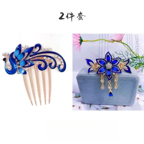 Ancient Chinese Style Hair Pin Phoenix Rhinestone 5-Prong Vintage Hair Comb 2pc 07FC0E-D4 - KOEEK