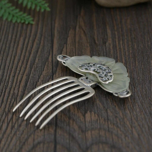 Tradition Chinese Artworks Hetian Jade Silver Hairpin Hair Clasp Accessory 07FC0E-D4 - KOEEK