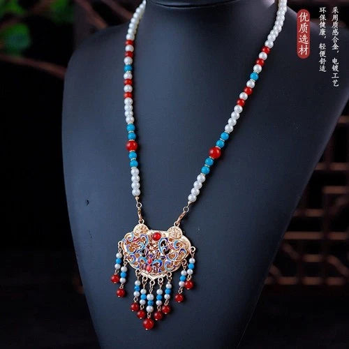 Chinese Cloisonne Blue Enamel Necklace Ethnic Hanfu Jewelry Elegant Accessory 07FC0E-D4 - KOEEK