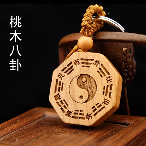 Taomu Taiji Yin Yang Bagua Mirror Keychain Necklace Pendant Bagua Wood Carving 07FC0E-D4 - KOEEK