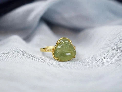 Hetian Jade Ring Female Laughing Buddha Carved Stone Adjustable Jewelry 07FC0E-D4 - KOEEK