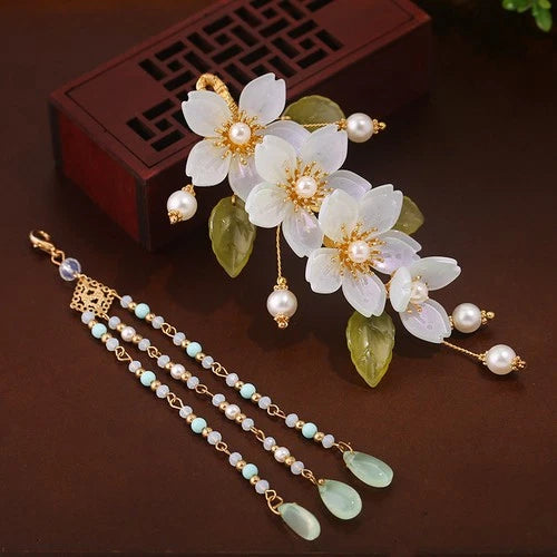 Chinese Style Hanfu Headpiece Floral Tassel Side Hair Clip Glass Petal Accessory 07FC0E-D4 - KOEEK