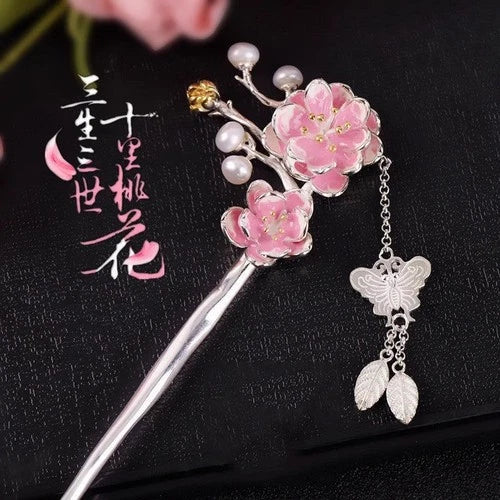 Silver Plated Plum Blossom Tassel Hairpin Chinese Style Hanfu Hair Stick 07FC0E-D4 - KOEEK