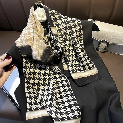 Silk Twill Long Scarf Women Kerchief Square Bandana Wrap Houndstooth 145*37 07FC0E-D4 - KOEEK