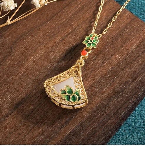 Gold Plated Fan Shape Imitation Hetian Jade Necklace Vintage Style Gift 07FC0E-D4 - KOEEK