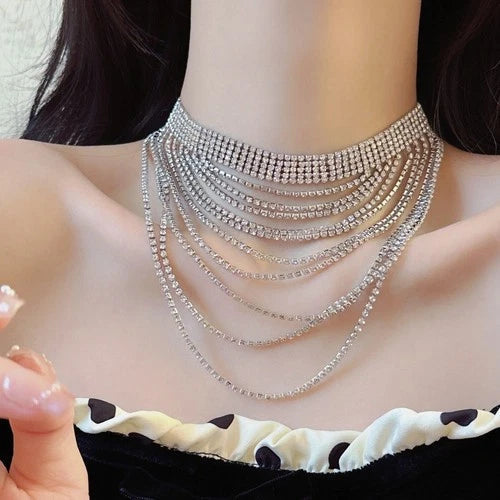 Silver Rhinestone Tassel Layered Choker Necklace Collar Jewelry for Women 07FC0E-D4 - KOEEK